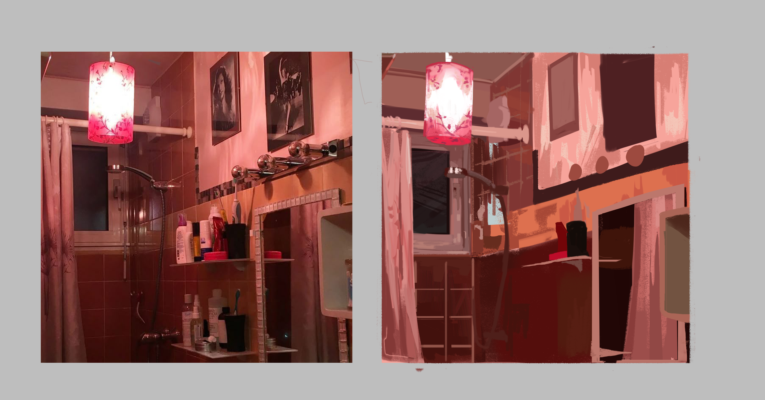Bathroom lighting study with pink lighting and decor, including pink hanging lamp, mirror, bottles, and pictures on the wall.