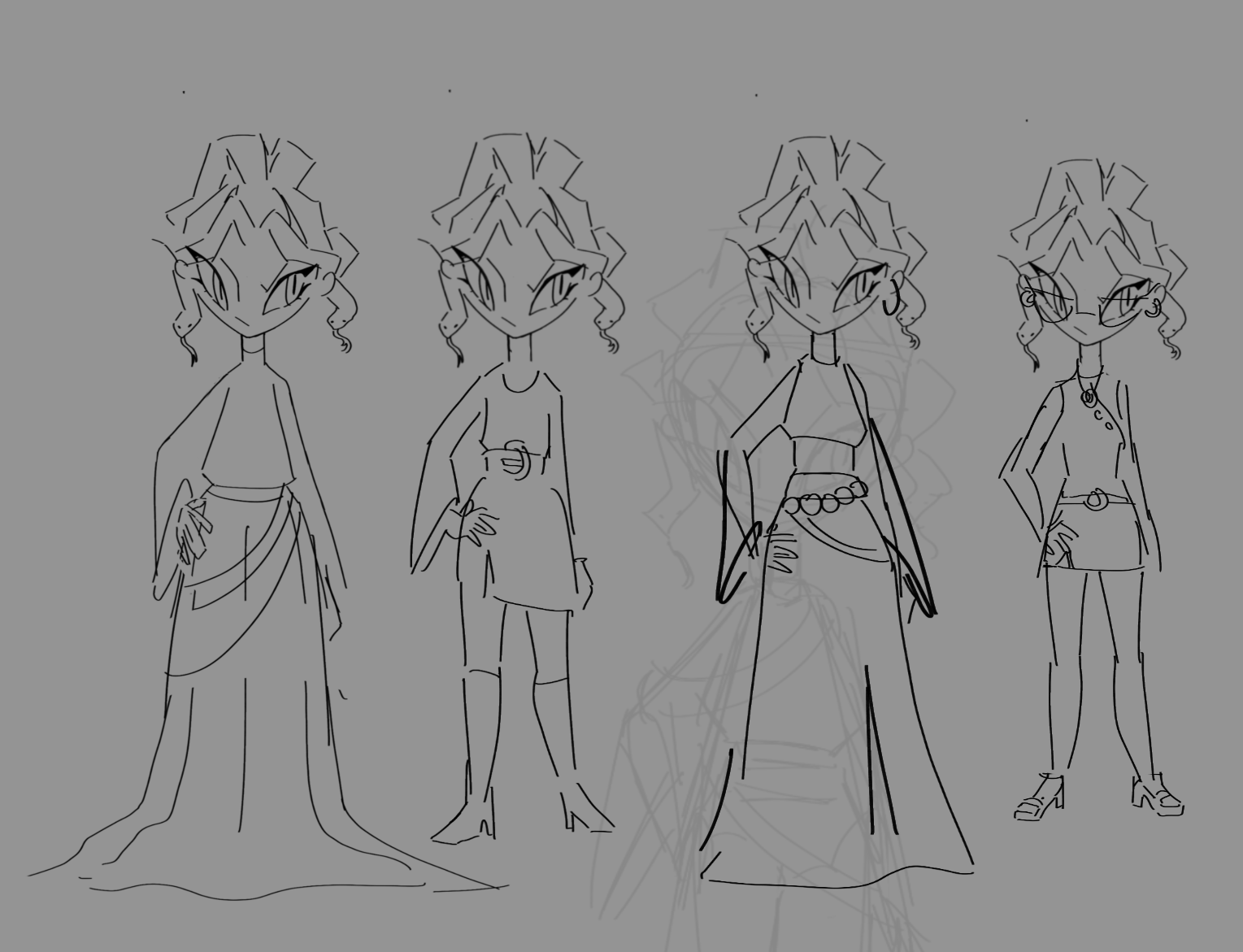 Sketches of four female fashion characters with unique outfits and hairstyles, drawn in a stylized, cartoonish manner against a gray background.