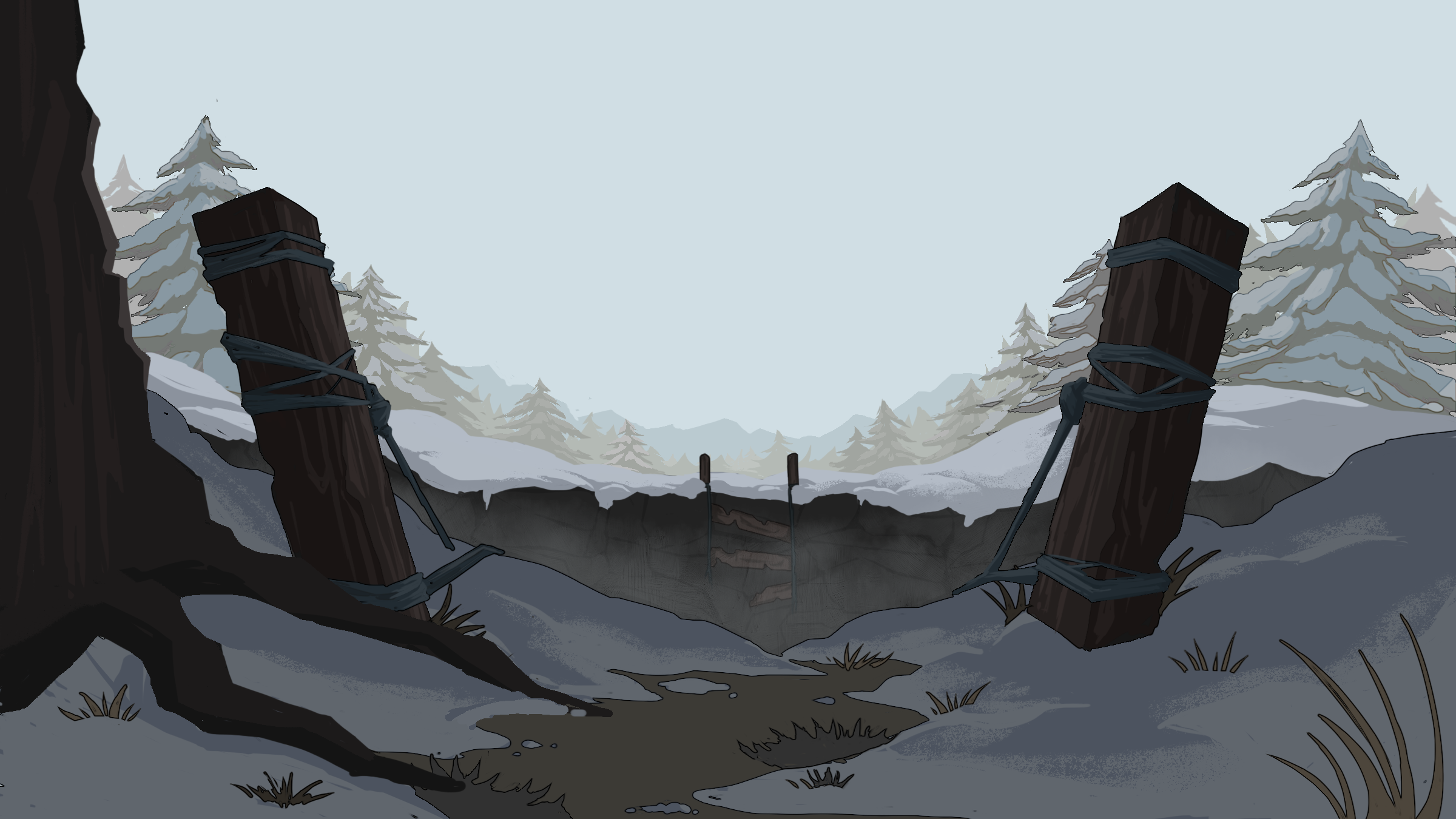 A snowy landscape with two toppled wooden posts tied with dark green straps in the foreground, snow-covered trees and mountains in the background, and a dark, foggy crevasse separating the two ground planes.