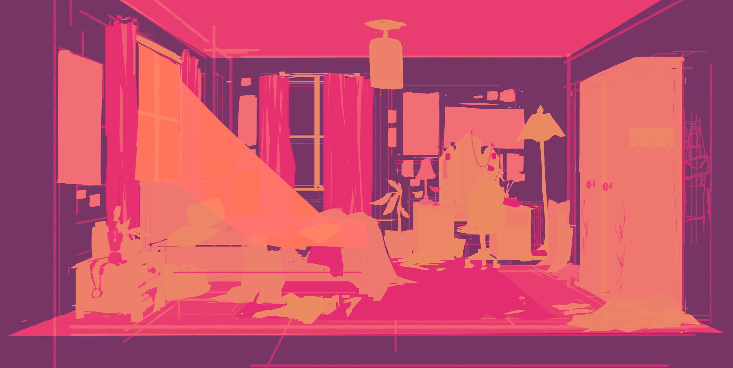 A cluttered living room with various furniture including a coffee table, chairs, lamps, and curtains, depicted in a digital art style with bold color contrasts.