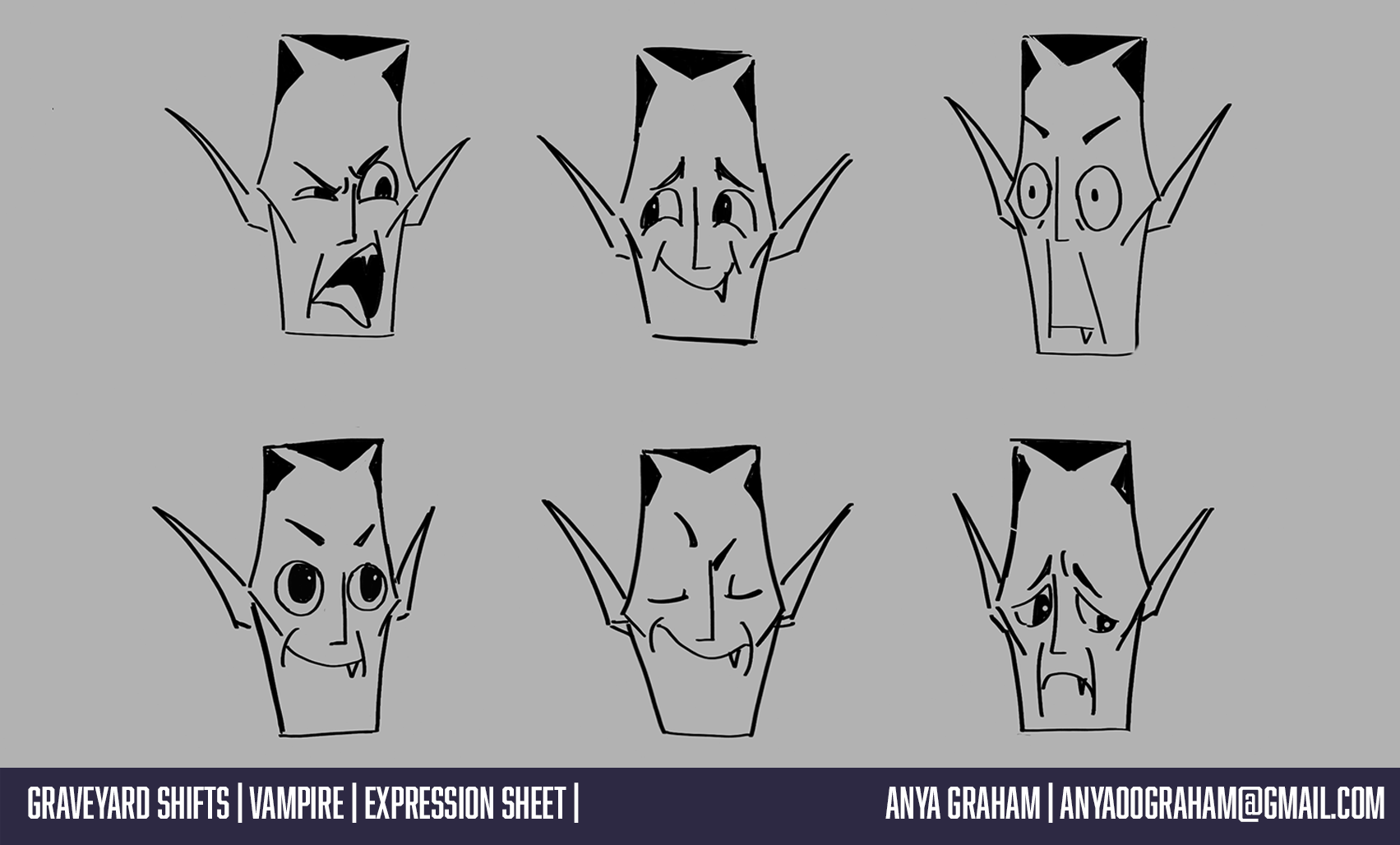 Six black and white line drawings of a vampire's face showing different expressions arranged in three rows of two, set against a gray background.