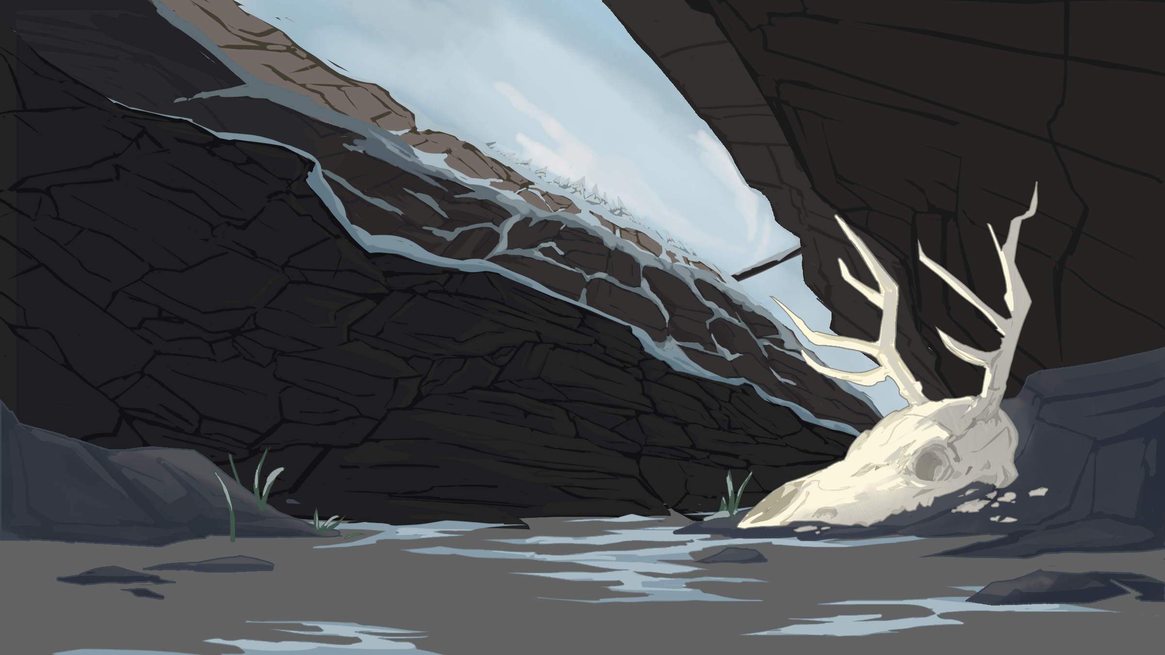 A cave opening with rocky walls, a few small patches of grass, a skull on the ground, and snow falling through