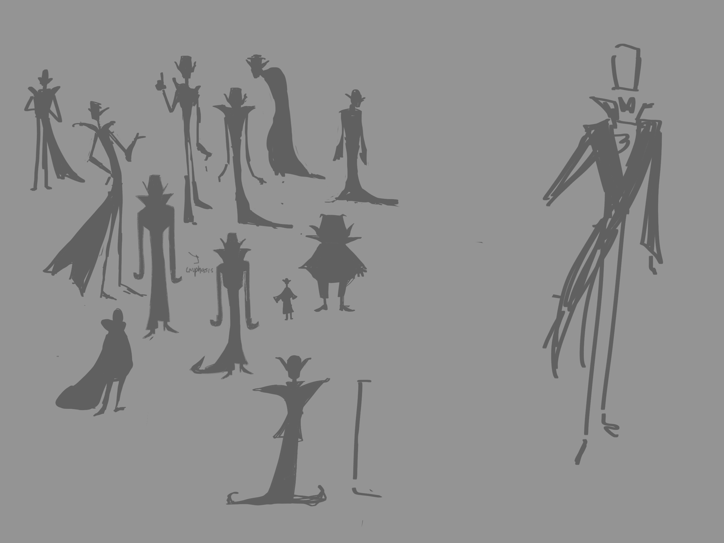 Silhouettes of stylized humanoid figures with exaggerated features and elongated limbs, standing on a reflective surface against a gray background.
