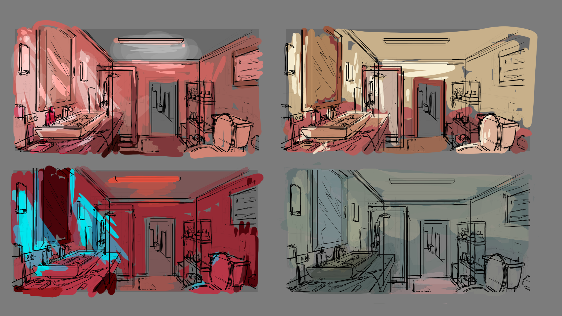 Sketches of a bathroom interior in different color styles, including pink, beige, with blue accents, and monochrome.