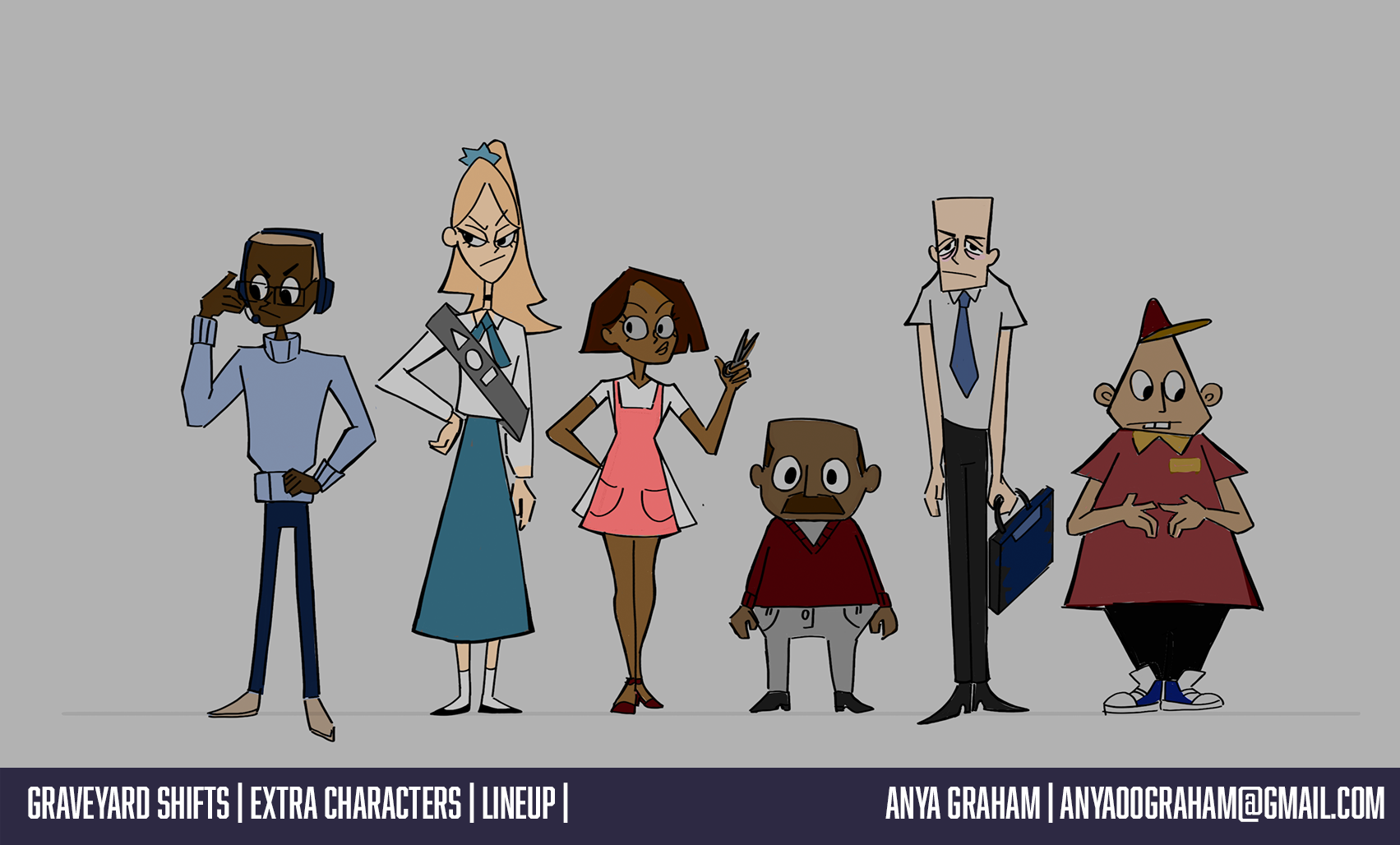 Group of six animated characters with varied expressions and attire, standing against a light gray background.
