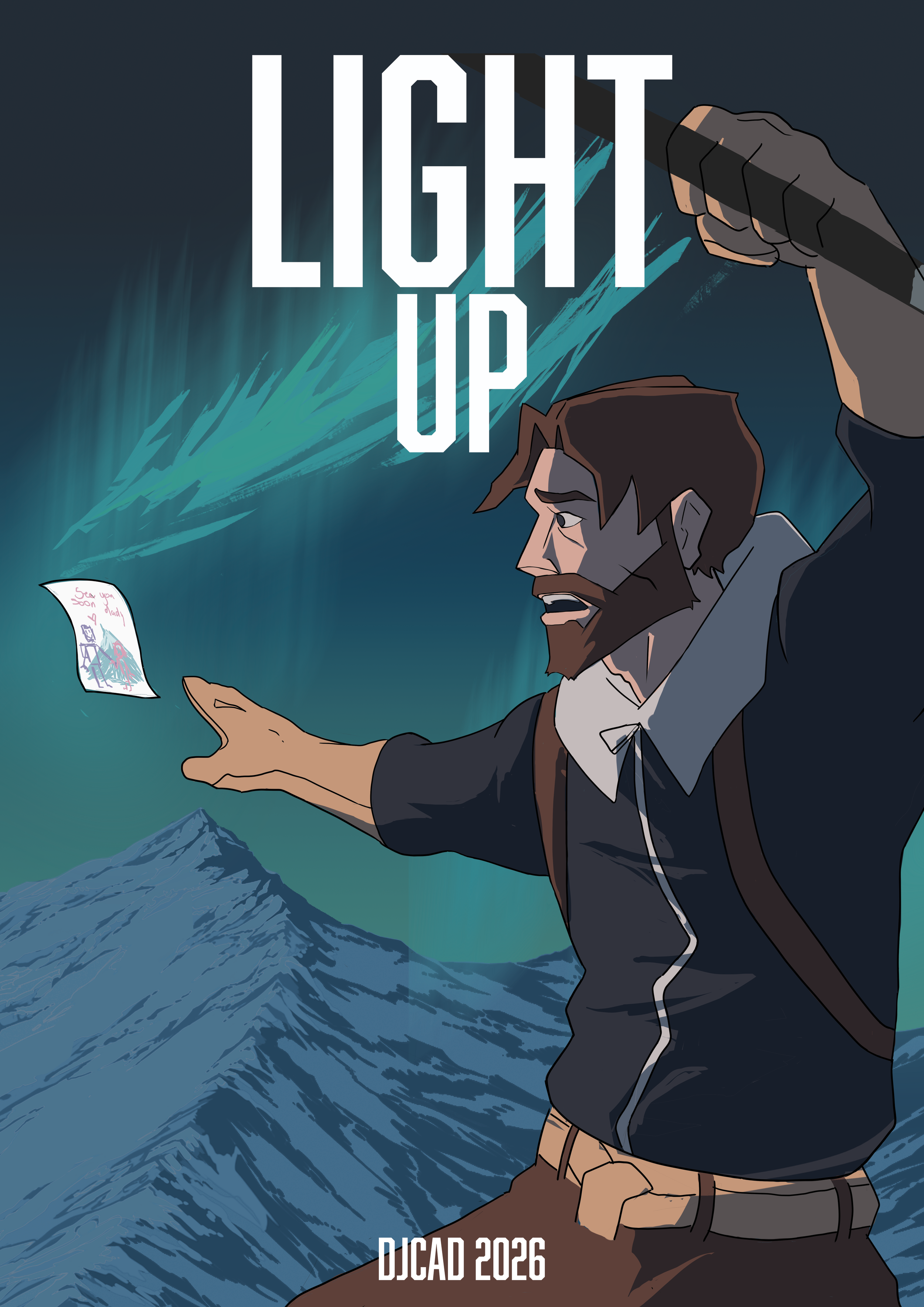 Illustration of a man with a beard and brown hair reaching out towards a floating page with a mountain in the background. The words "LIGHT UP" are prominently displayed in large white letters at the top, and "DJCAD 2026" is written at the bottom.