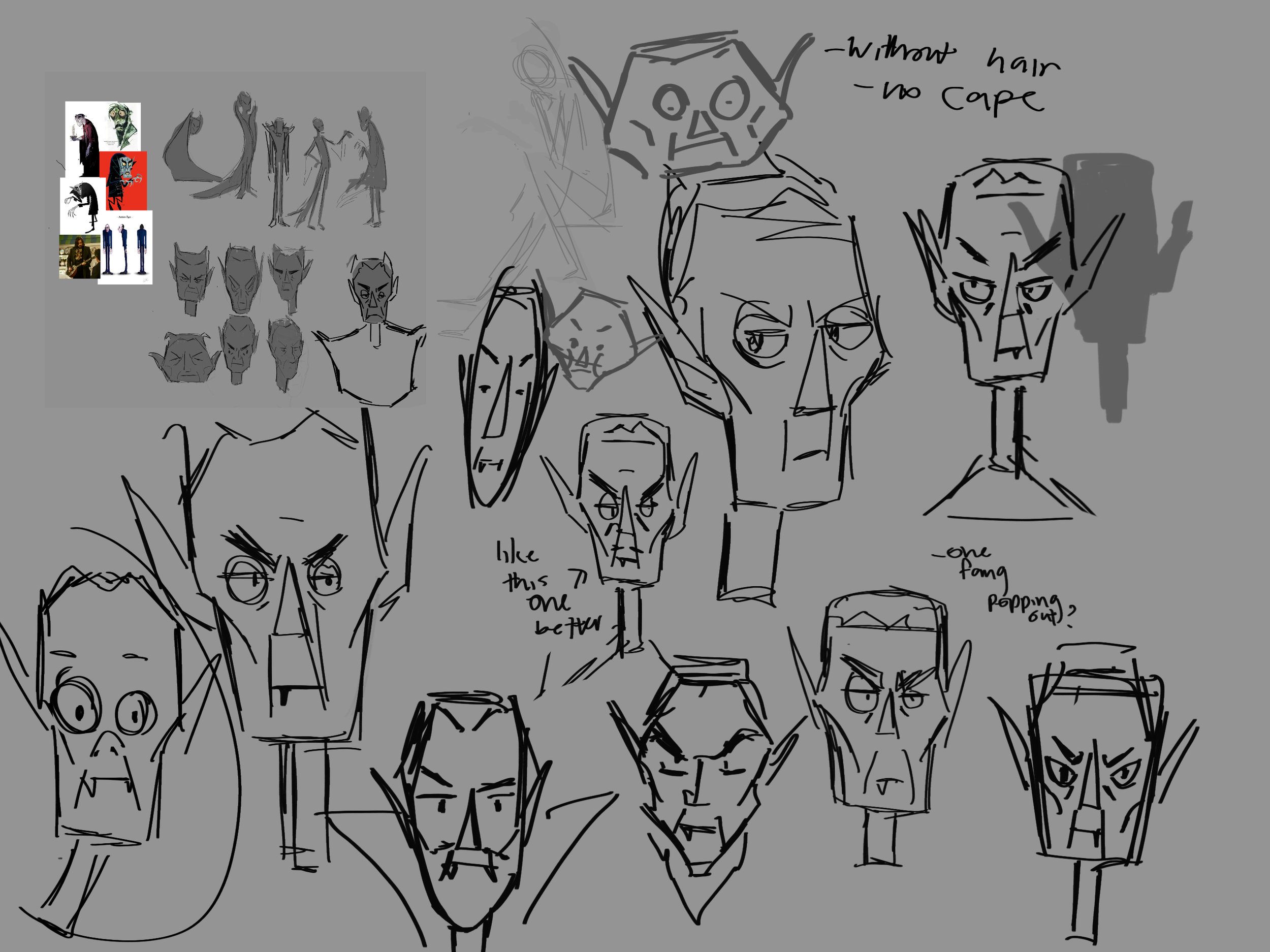 Sketches of various monsters and characters, some with notes about hair, cape, and expression, and a small inset image of character designs.