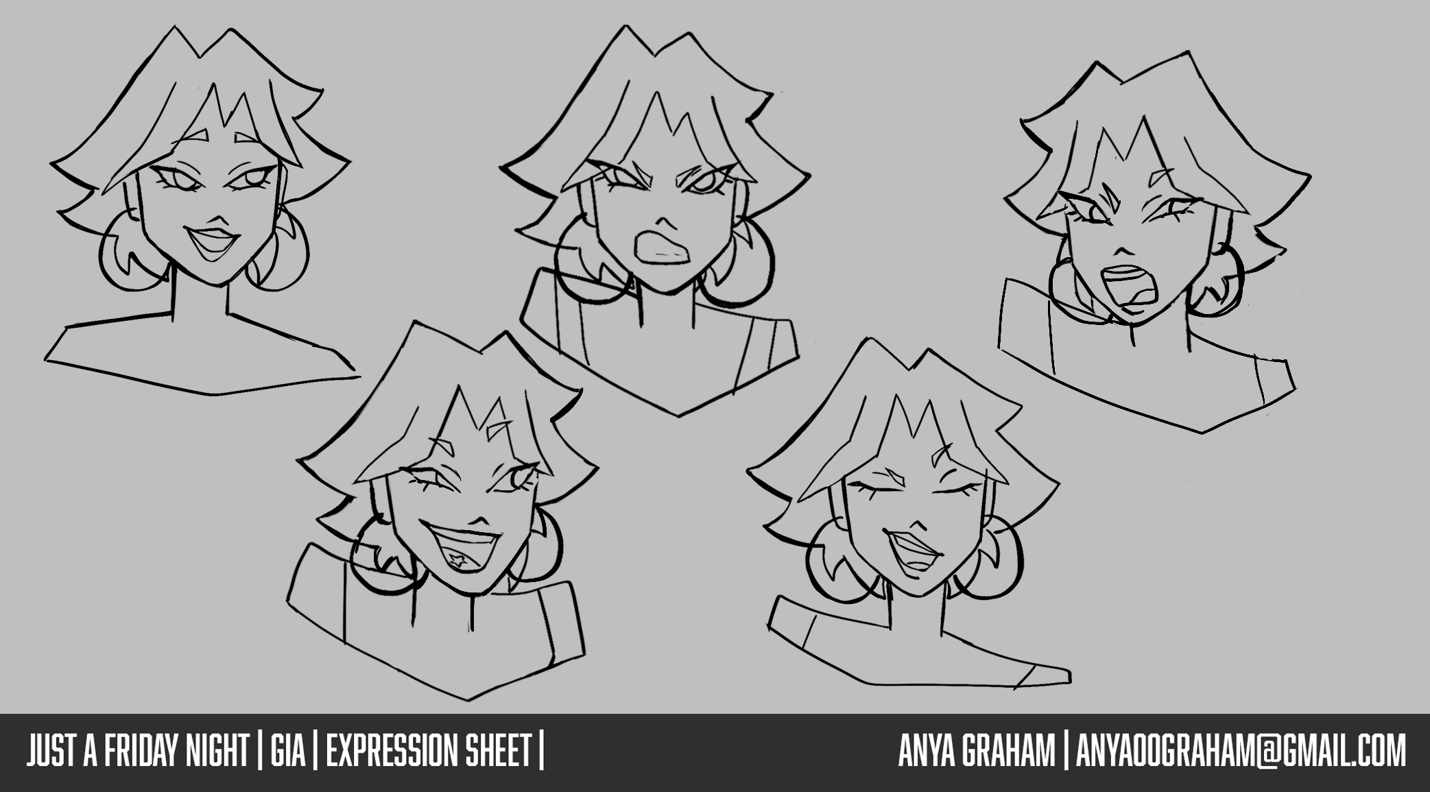 Gia's Facial Expression Sheet, showcasing different moods including happy, angry, and surprised, on a gray background.