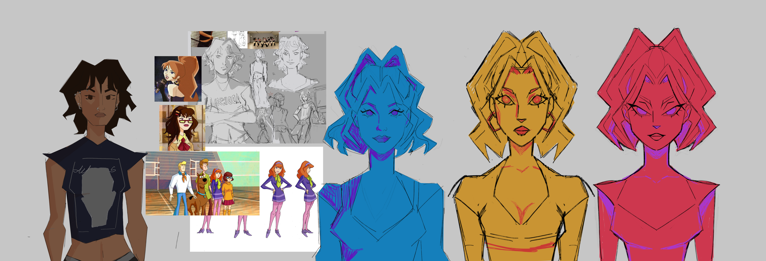 Digital character design and animation sketches of a female character with different hair colors and styles, shown in character poses, expressions, and group scenes.