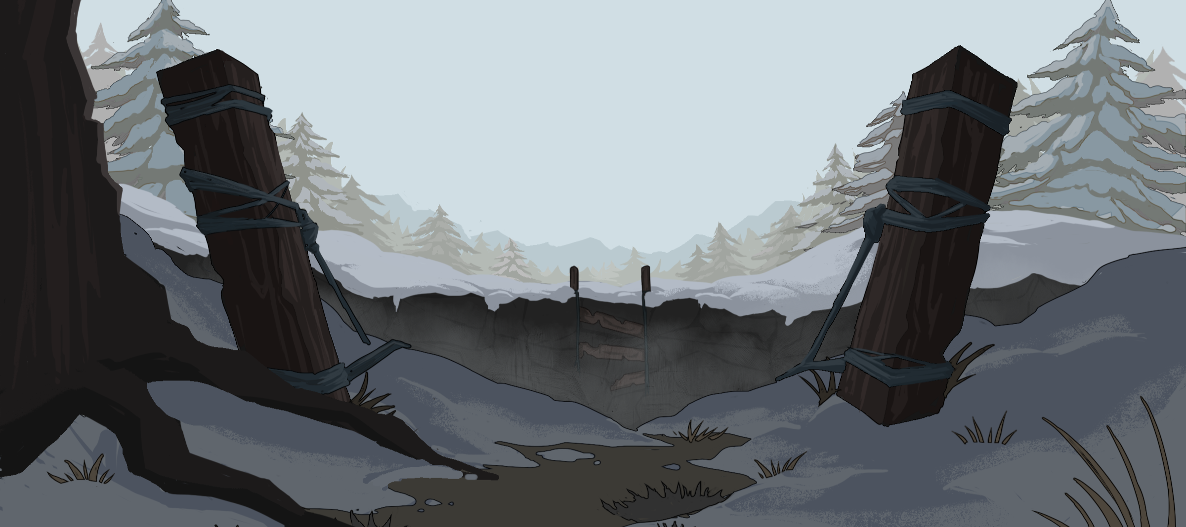 A snowy landscape with two toppled wooden posts tied with dark green straps in the foreground, snow-covered trees and mountains in the background, and a dark, foggy crevasse separating the two ground planes.