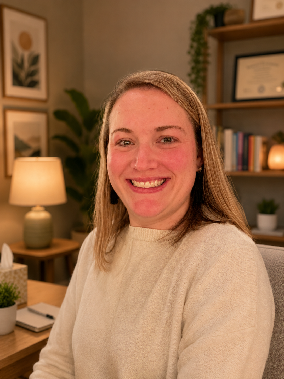 Smiling woman with light brown hair and earrings in a cozy, well-decorated room with framed artwork, bookshelf, plants, and a lit lamp.