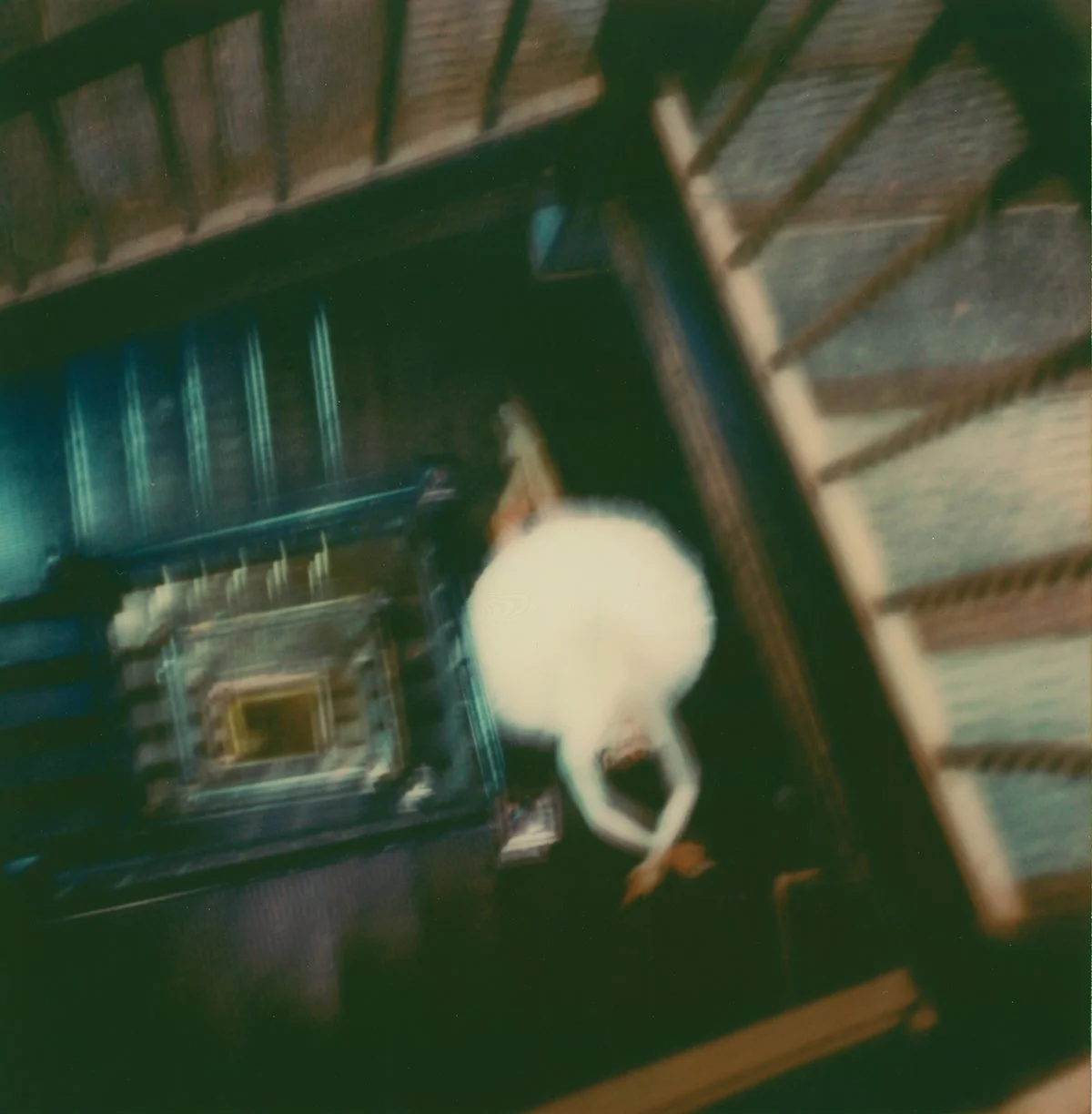 A white cat lying on a spiral staircase, viewed from above.