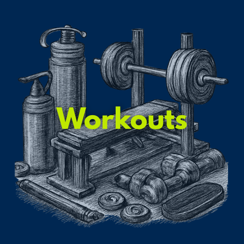 Drawing of various workout equipment including a barbell with weights, dumbbells, a kettlebell, and a water bottle with the word 'Workouts' overlaid in yellow.