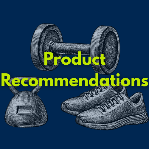 Outline drawing of a dumbbell, pair of athletic shoes, and a kettlebell with the text 'Product Recommendations' in bright green letters.