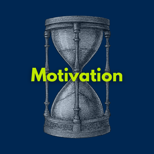 Illustration of an hourglass with the word 'Motivation' in bright yellow-green text across the center.