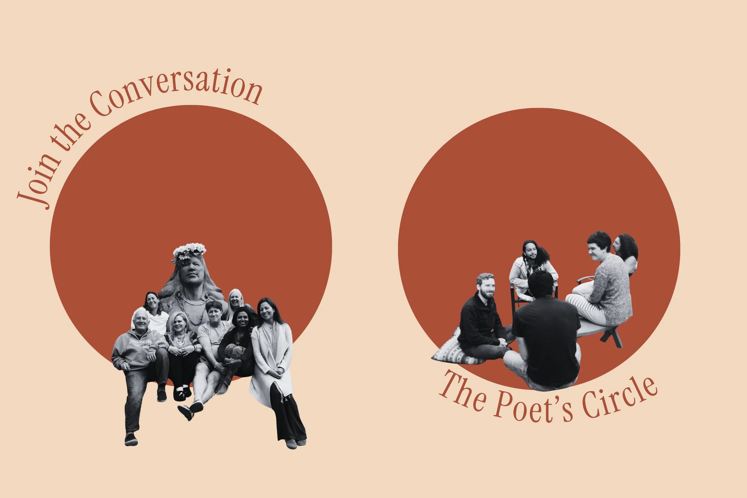 An invitation graphic with two large red circles on a beige background. The left circle has a group of diverse people and the text "Join the Conversation" curved along the top. The right circle shows a small group of people sitting together, with the text "The Poet's Circle" curved along the bottom.