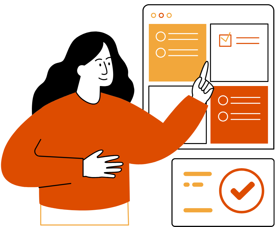 Illustration of a woman with black hair and orange sweater pointing at a digital screen displaying checklists and options. The screen has orange, white, and red sections with checkmarks.