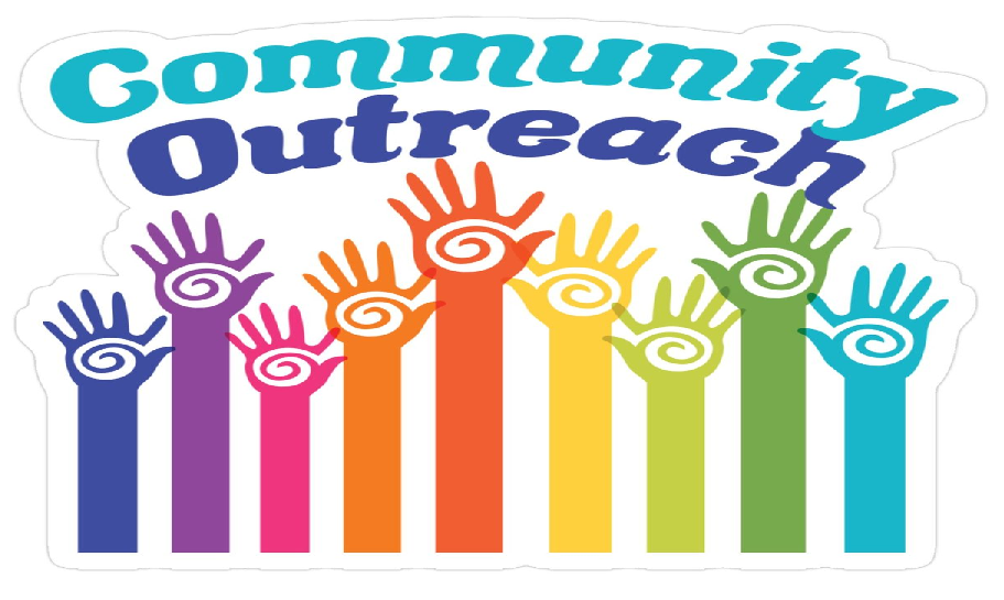 Colorful illustration of raised hands in purple, pink, orange, yellow, green, and blue with spiral patterns in the palms. Above, the text reads 'Community Outreach' in large, blue and purple letters.