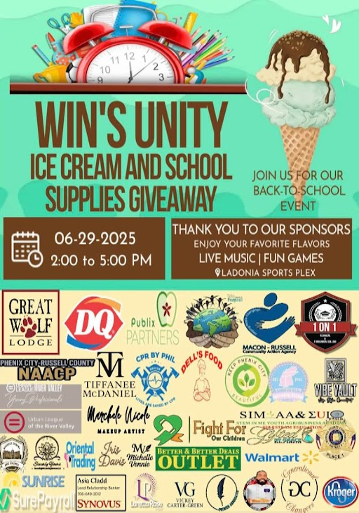 Flyer for WIN'S Unity Ice Cream and School Supplies Giveaway featuring a clock, ice cream cone, event date 06-29-2025, time 2:00 to 5:00 PM, location Ladonia Sports Plex, with sponsor logos from various companies and organizations.