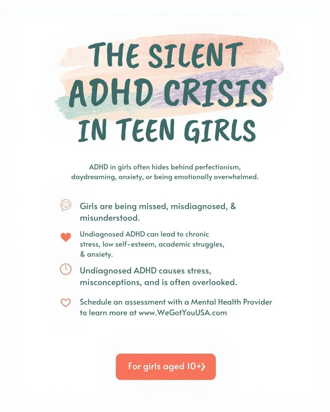 There is a silent ADHD crisis happening among teen girls.
Girls are less likely to show the &ldquo;classic&rdquo; symptoms of ADHD, and far more likely to present with anxiety, perfectionism, emotional overwhelm, or exhaustion.
Many work twice as har