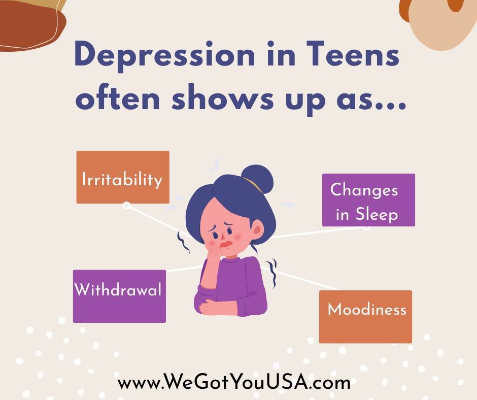 Depression in teens doesn't always look like sadness.  If often shows up as irritability, withdrawal from family or friends, changes in sleep, or a loss of interest in things they once enjoyed.  Recognizing these signs early can open the door to supp