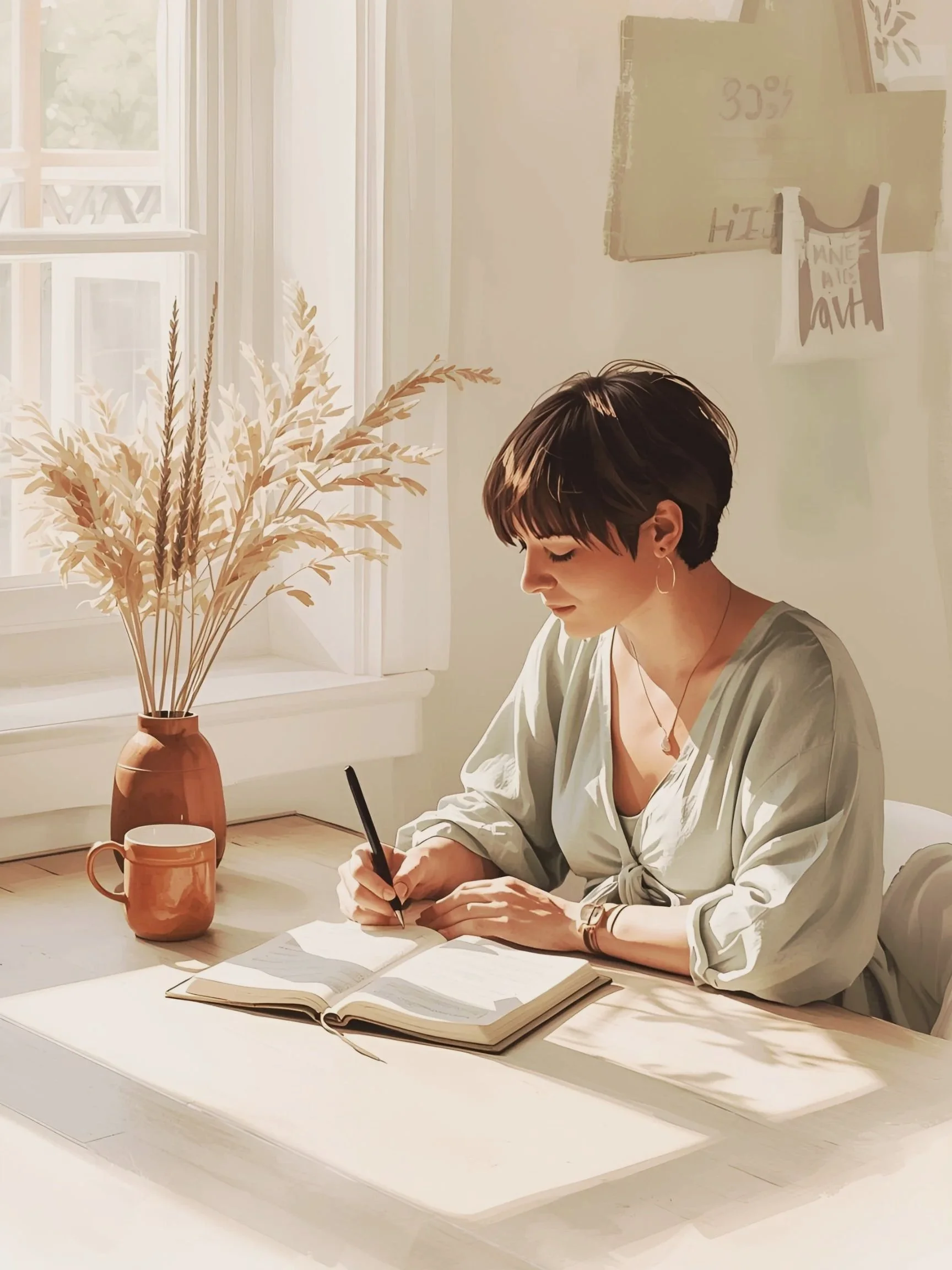 A young woman with short dark hair sitting at a white table in a bright room, writing in an open notebook with a pen. The room has a window with sunlight streaming in, and there is a potted plant on the table, a coffee mug, and a piece of paper. The background has a wall with a few pieces of wall art.