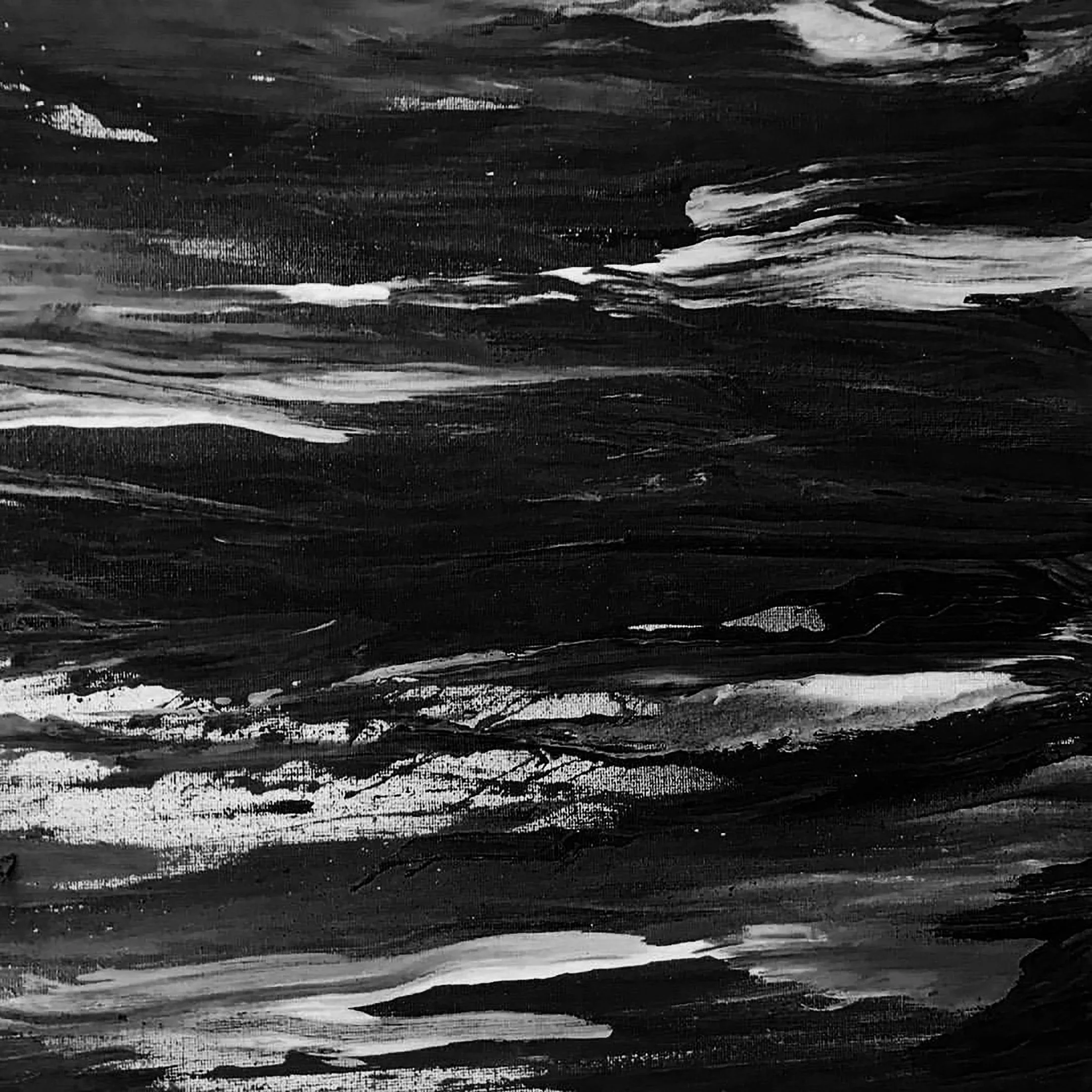 Abstract black and white painting with horizontal brushstrokes and textured lines.
