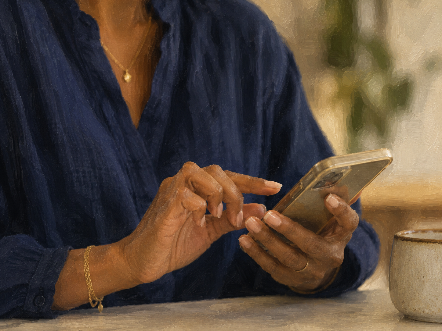 A woman wearing a dark blue shirt and gold jewelry is using a smartphone at a table, with a ceramic cup nearby, in a cozy indoor setting.