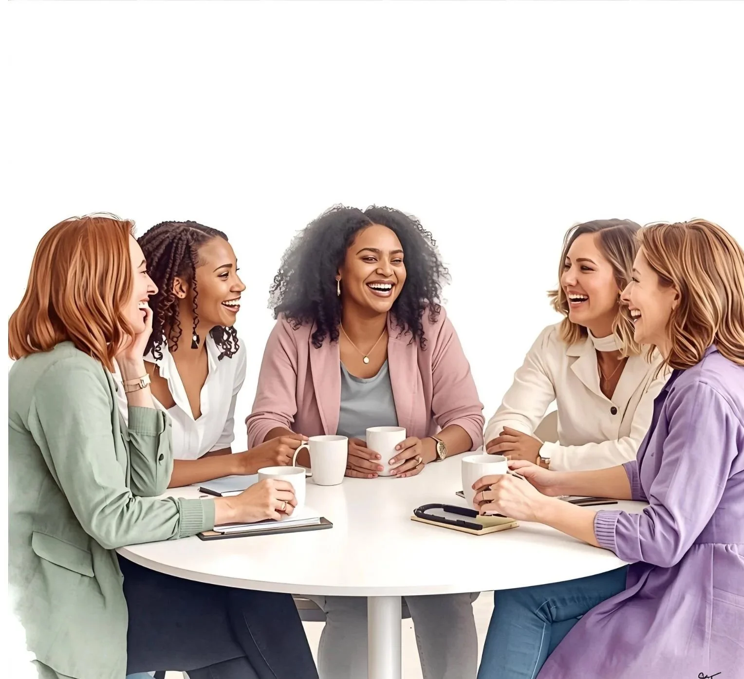 Six women sitting around a white table, engaging in conversation, laughing, and holding coffee mugs. They are casually dressed and the background is plain white.