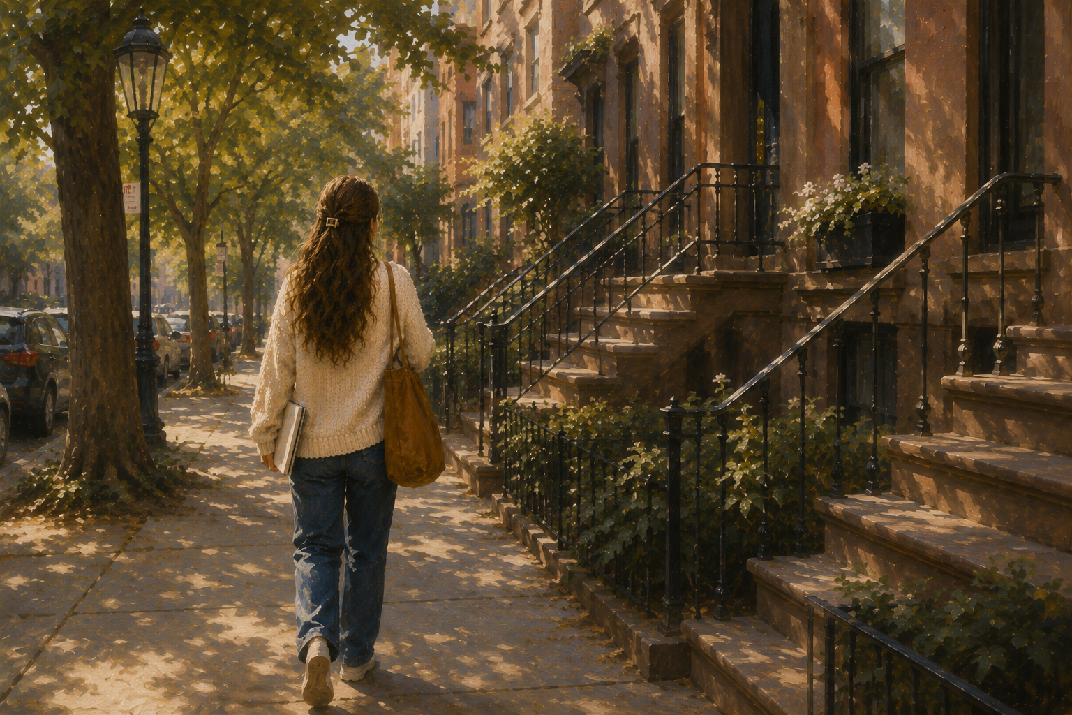 A woman with long, wavy hair, wearing a white sweater and jeans, carrying a brown bag and a notebook, walks down a tree-lined city sidewalk in the sunlight, past brownstone buildings with stairs and iron railings.