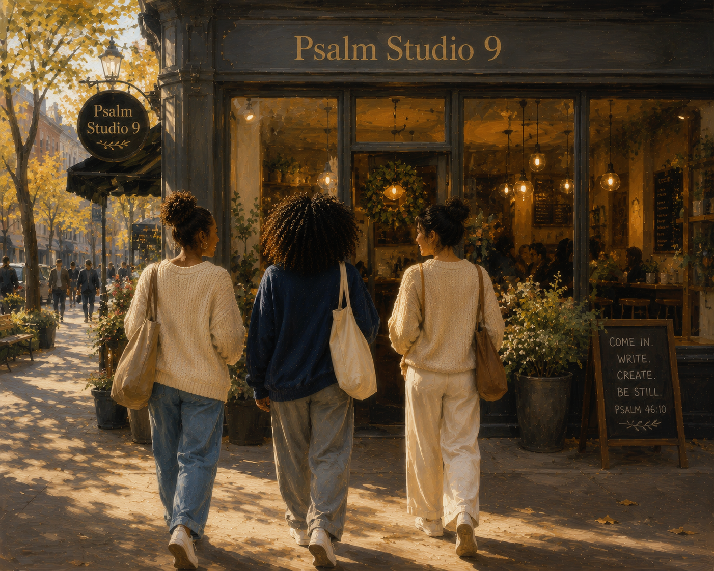 Three women walking past a cozy shop called Psalm Studio 9 on a city sidewalk during autumn. The shop has large windows and a sign outside with the quote from Psalm 46:10, "Come in, write, create, be still." The street is lined with trees with yellow leaves, and other pedestrians are visible in the background.
