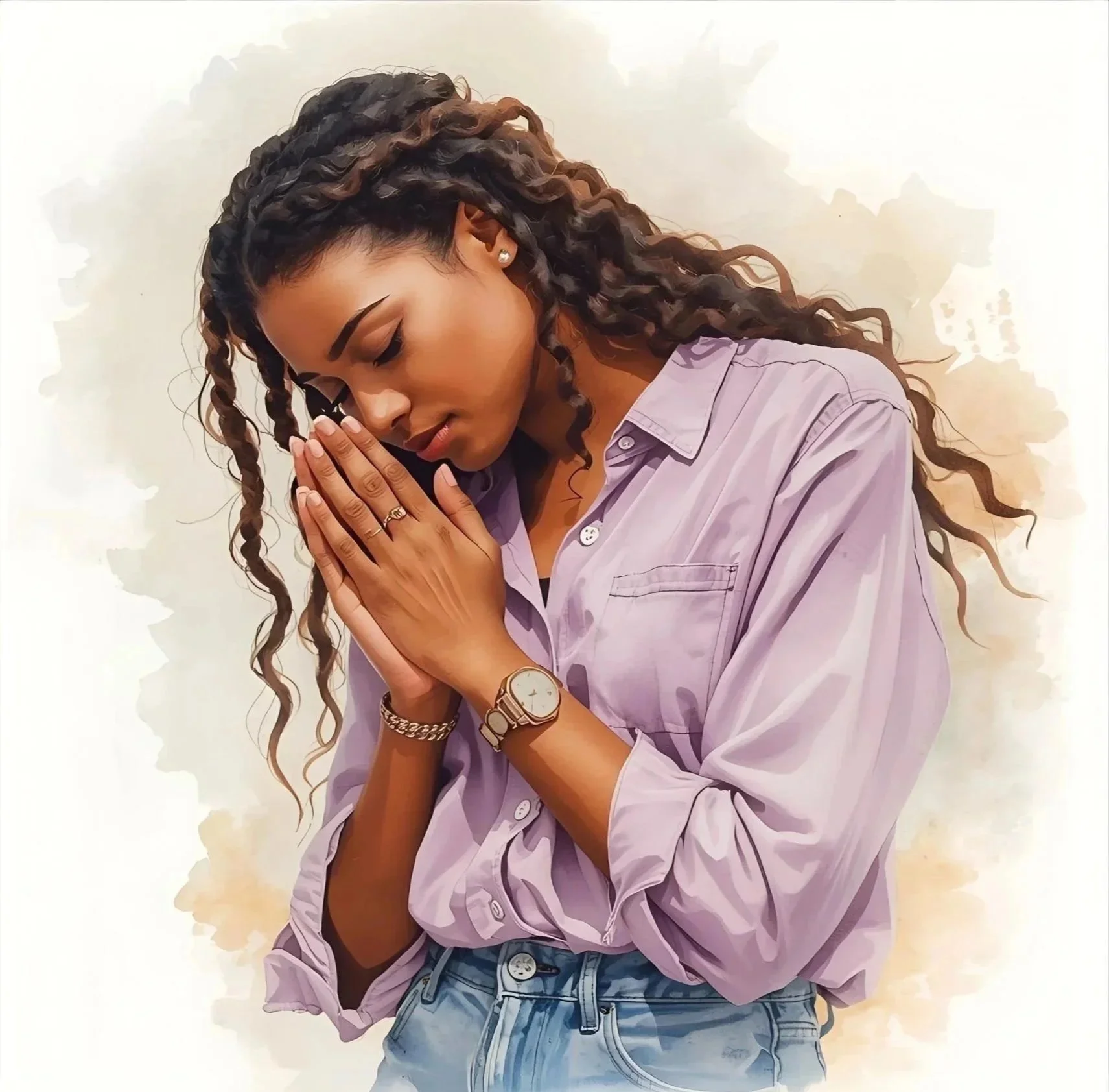 A woman with dark skin and long curly hair, wearing a lavender button-up shirt, standing with her hands pressed together in a prayer-like pose, wearing a watch, rings, earrings, and a bracelet, against a light, abstract background.