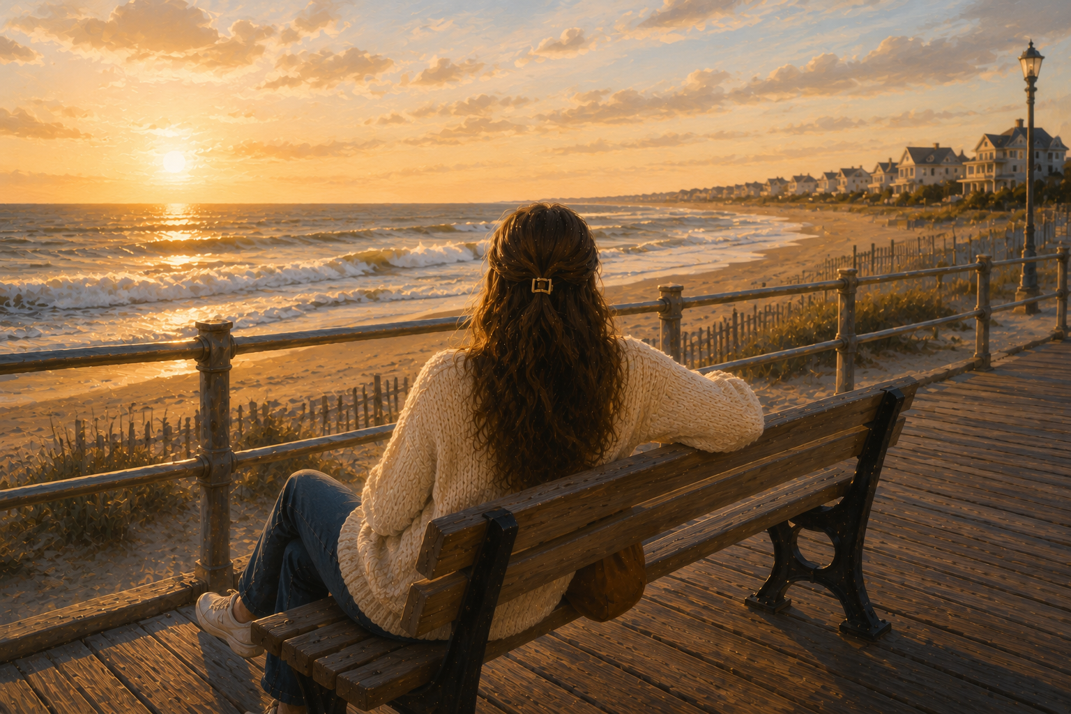 A woman with long, curly hair tied with a hair clip, wearing a cream sweater and jeans, sits on a wooden bench watching the sunset over the ocean at a beach promenade.