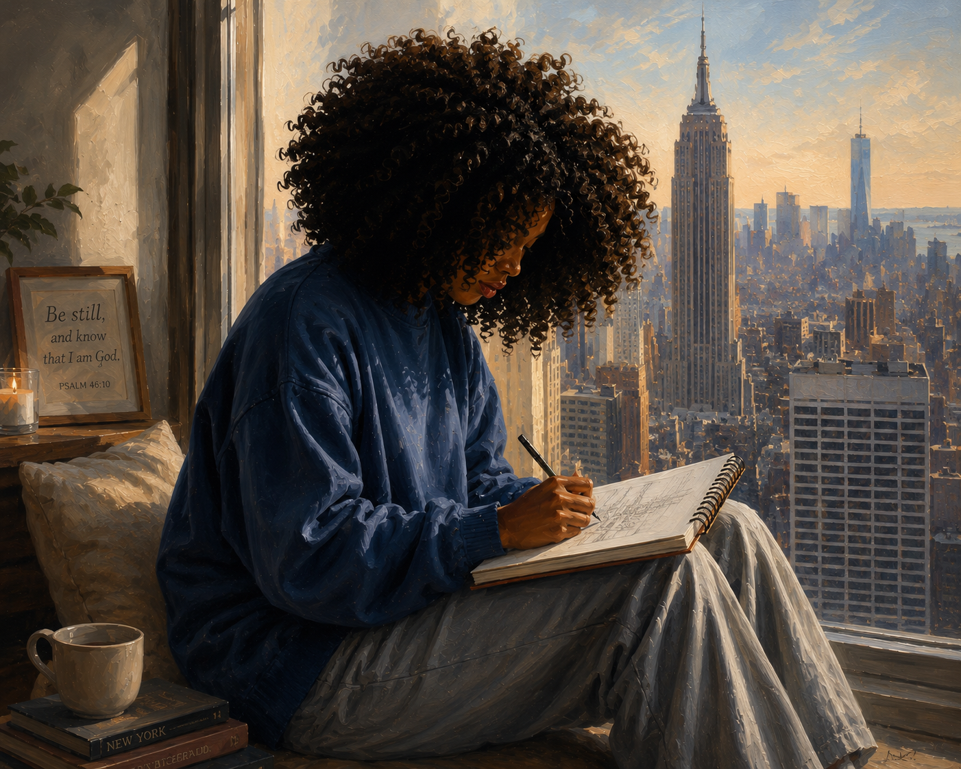 A woman with curly hair sitting by a window in a high-rise apartment, writing in a notebook. The cityscape outside features tall buildings like the Empire State Building and One World Trade Center at sunset. Inside, there is a mug, a stack of books, a candle, and a framed quote that says, 'Be still, and know that I am God. Psalm 46:10.'