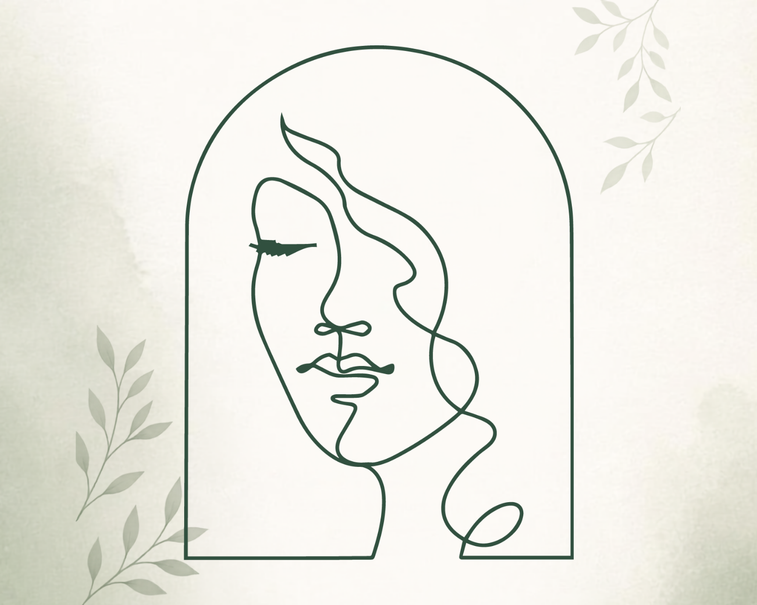 Minimalist line art of a woman's face with closed eye within an arched frame, decorated with subtle leaves.
