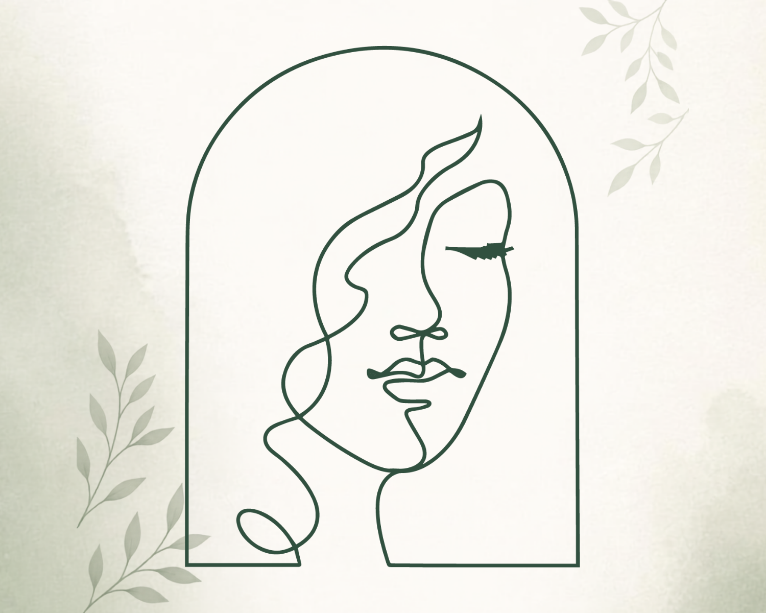 Minimalist line drawing of a woman's face, enclosed in an arch with decorative leaves in the background.