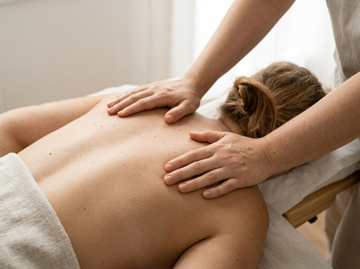 Person receiving a back massage from a massage therapist in a spa setting.