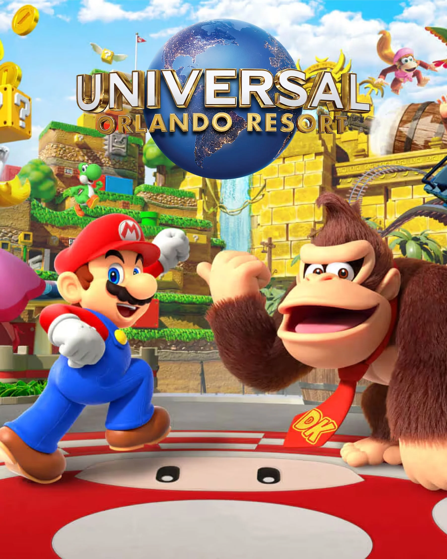 Imagen promocional del parque temático Universal Orlando Resort con personajes de videojuegos como Mario y Donkey Kong en primer plano y escenarios de videojuegos en el fondo.