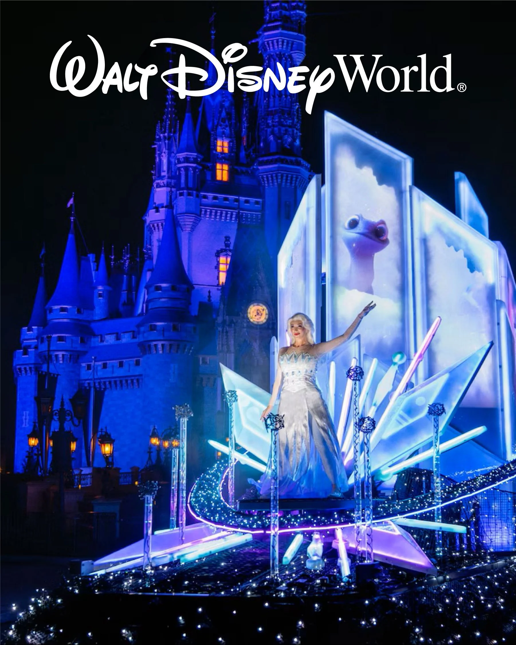 Cuento de Disney en Disney World con castillo iluminado y un espectáculo con una figura de Elsa y Olaf, decoraciones con luces azules y blancas, en la noche.