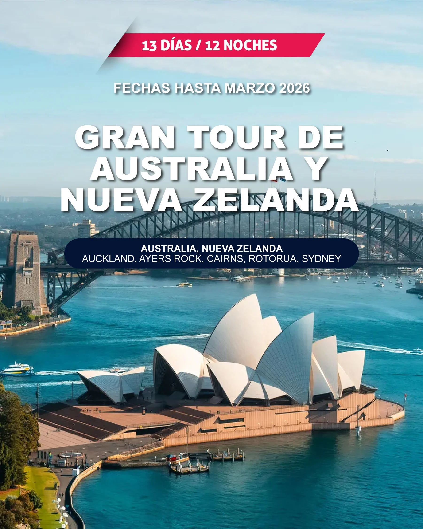 Imagen del puerto de Sydney con la Ópera de Sídney en primer plano y el puente de Harbour en el fondo. Es un día soleado con el mar azul claro.