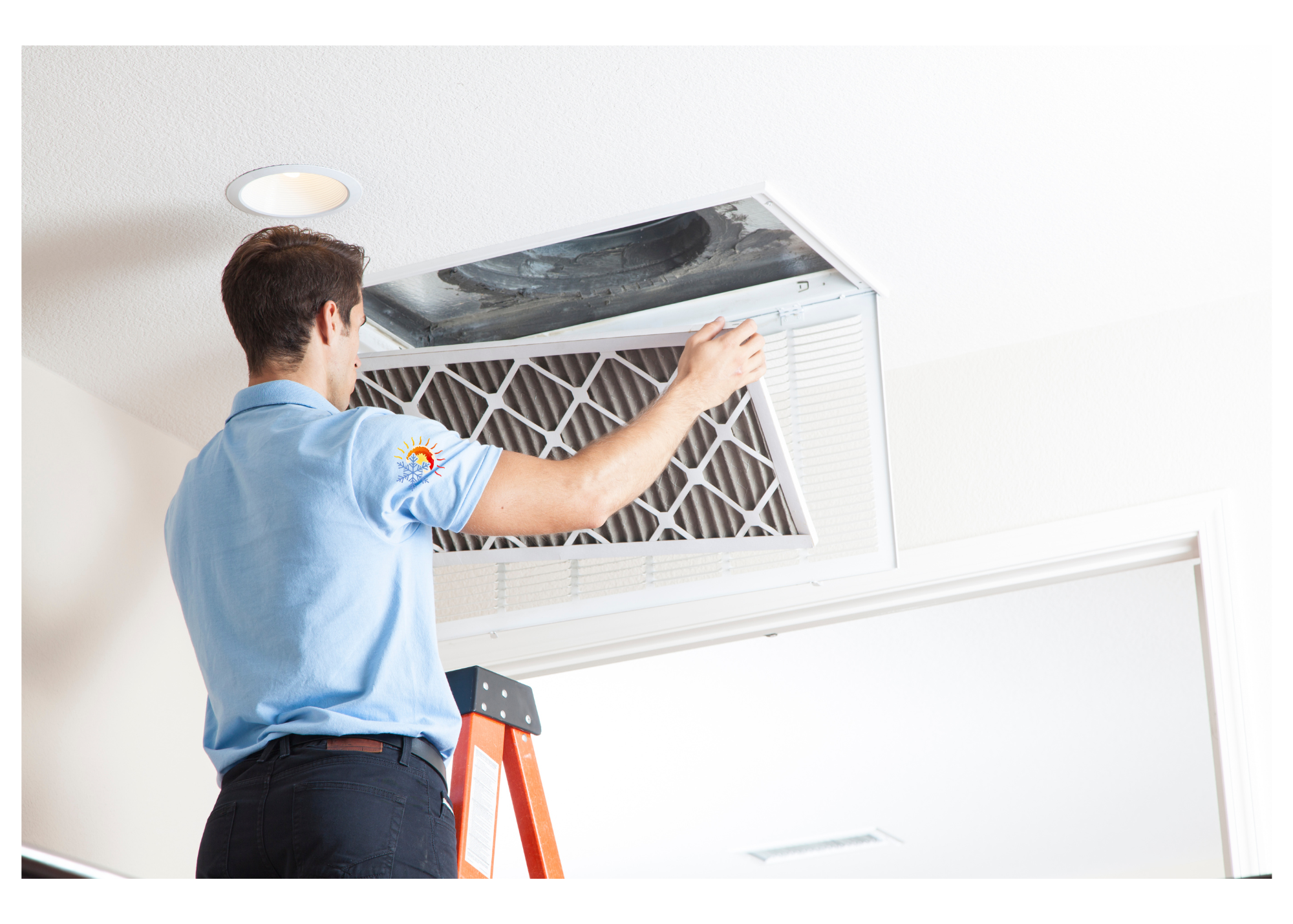 Technician replacing or repairing an air conditioning ceiling vent in a room.