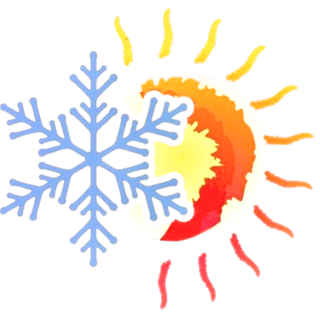 A snowflake and a sun with radiating yellow and orange rays