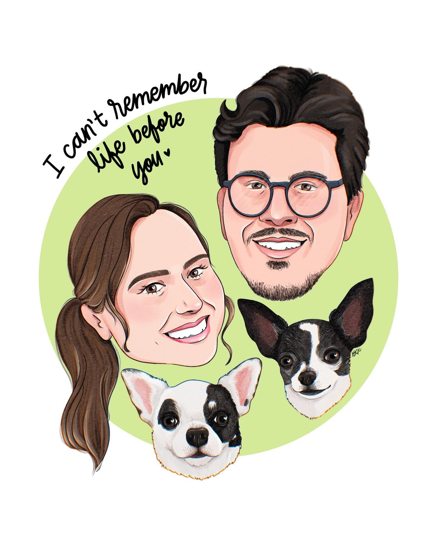 Retrato atualizado 😍

Em 2020, a Beatriz tinha encomendado um retrato dela e do namorado pro Dia dos Namorados. 6 anos depois, agora casados e com 2 filhos peludos, ela pediu pra atualizar o desenho pra dar de presente de anivers&aacute;rio de casam