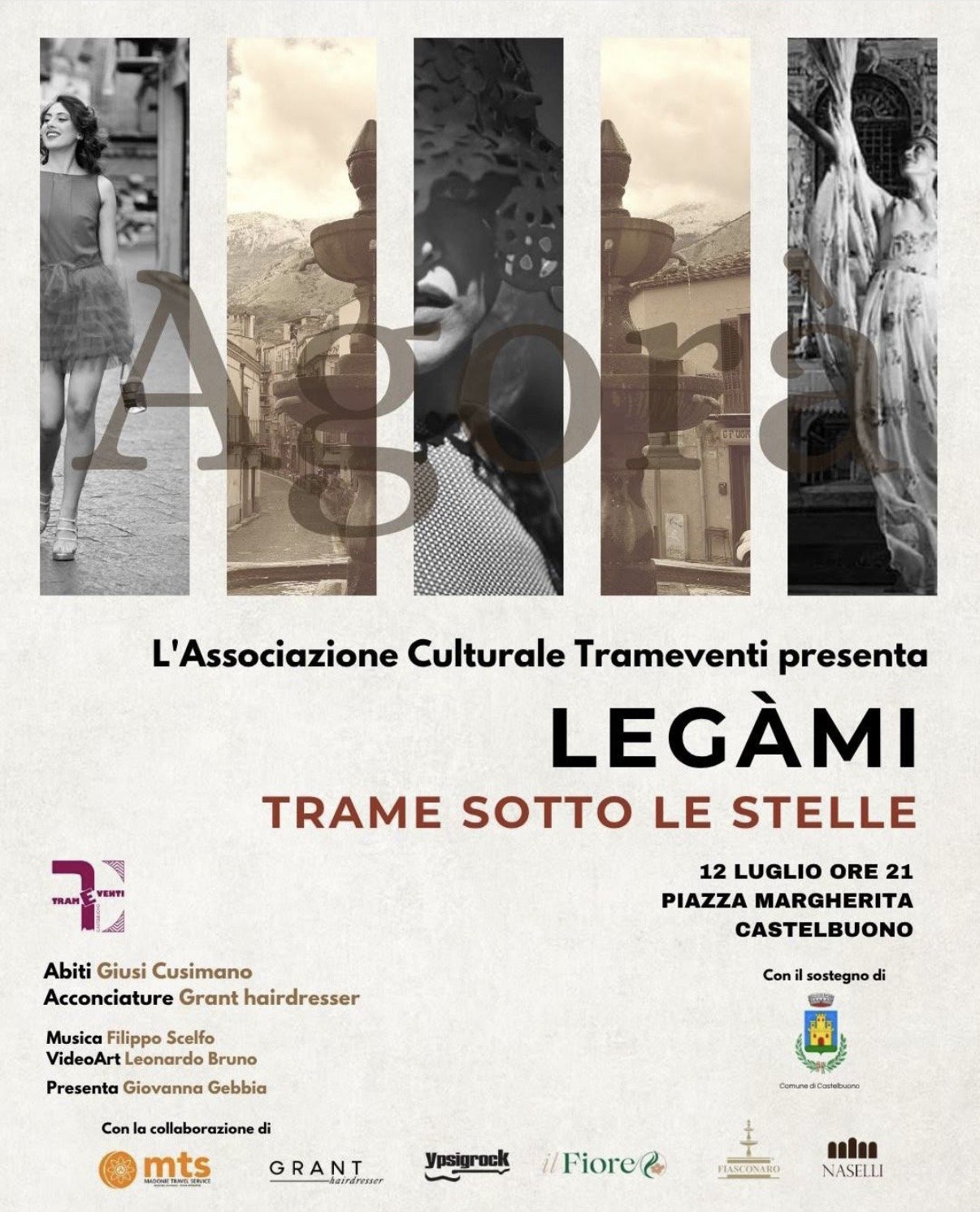 LEGÀMI Trame sotto le Stelle fashion show Castelbuono 2026 — composite poster featuring Piazza Margherita fountain landmark and fashion models parading through medieval cobbled streets, designed by Giusi Cusimano for Associazione Culturale Trameventi