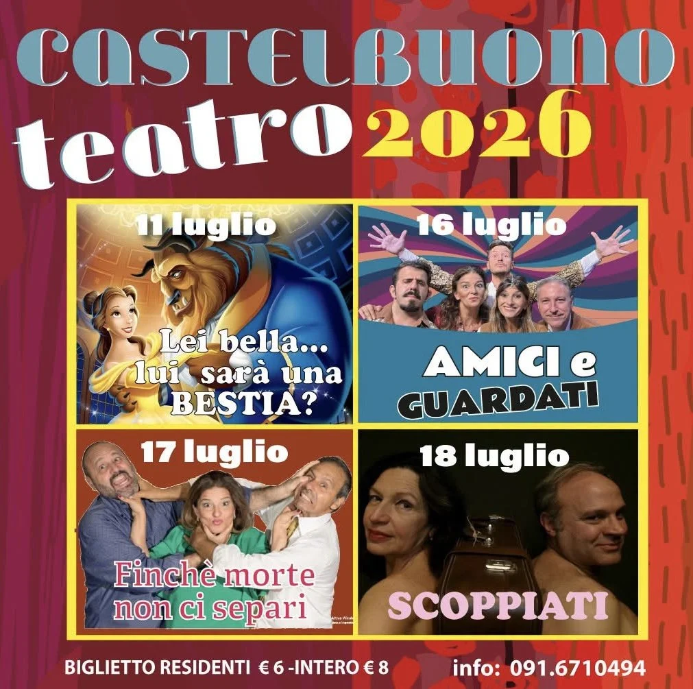 Castelbuono Theatre 2026 — Teatro Sant'Eugenio summer season poster featuring four comedy productions at San Francesco cloisters Castelbuono Sicily: Lei bella lui sarà una bestia, Amici e Guardati, Finché morte non ci separi, and Scoppiati