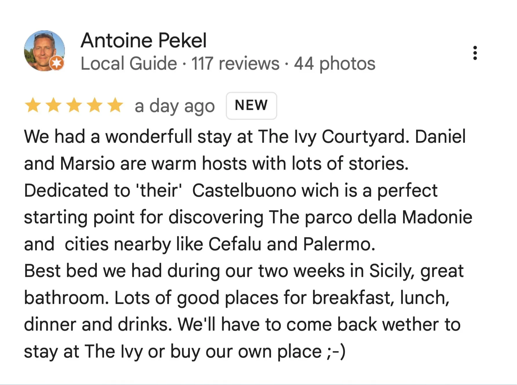 Guest review of The Ivy Courtyard Castelbuono - 5 stars May 2026