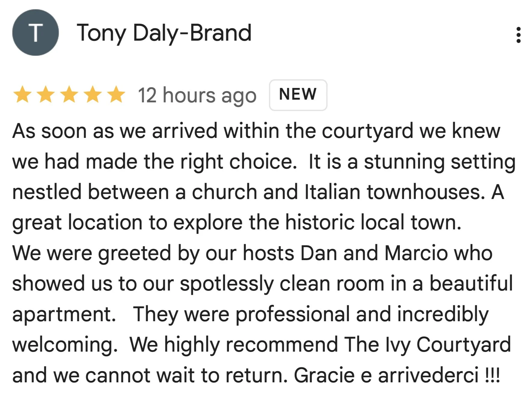 5-star Google review of The Ivy Courtyard guest house Castelbuono Sicily