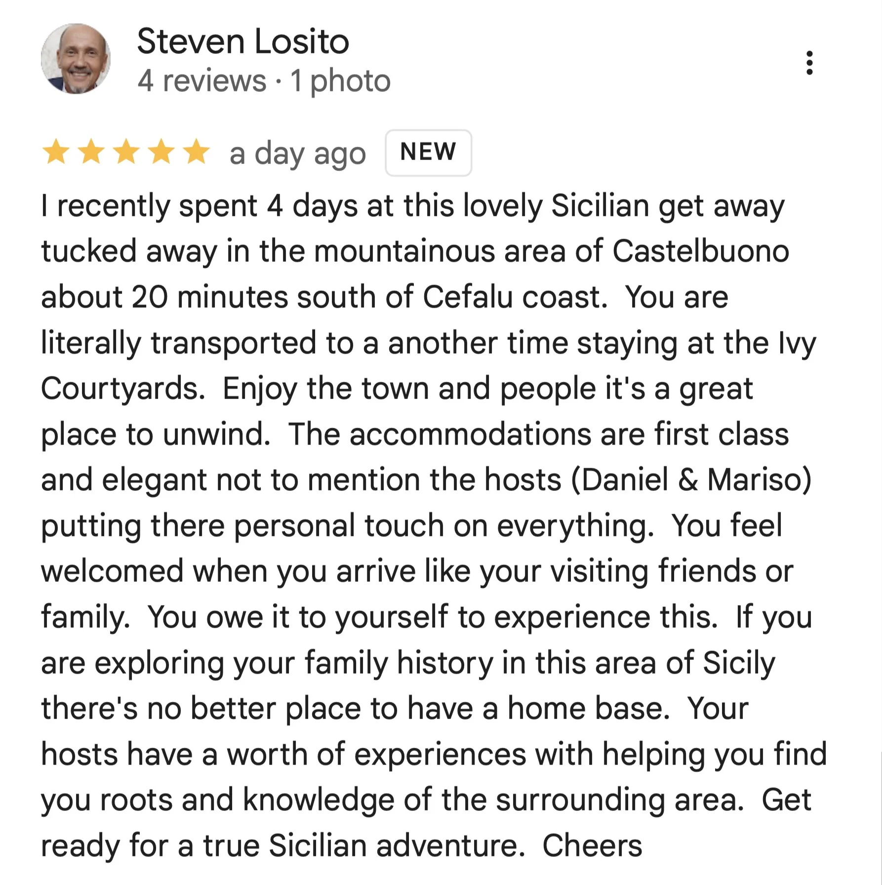 Five star Google review - The Ivy Courtyard monastery guest house Sicily