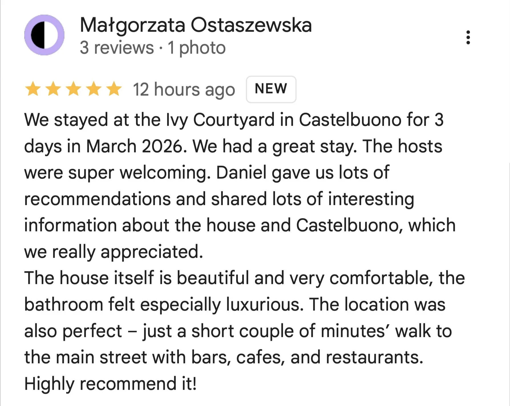 5-star Google review of The Ivy Courtyard guest house Castelbuono Sicily March 2026