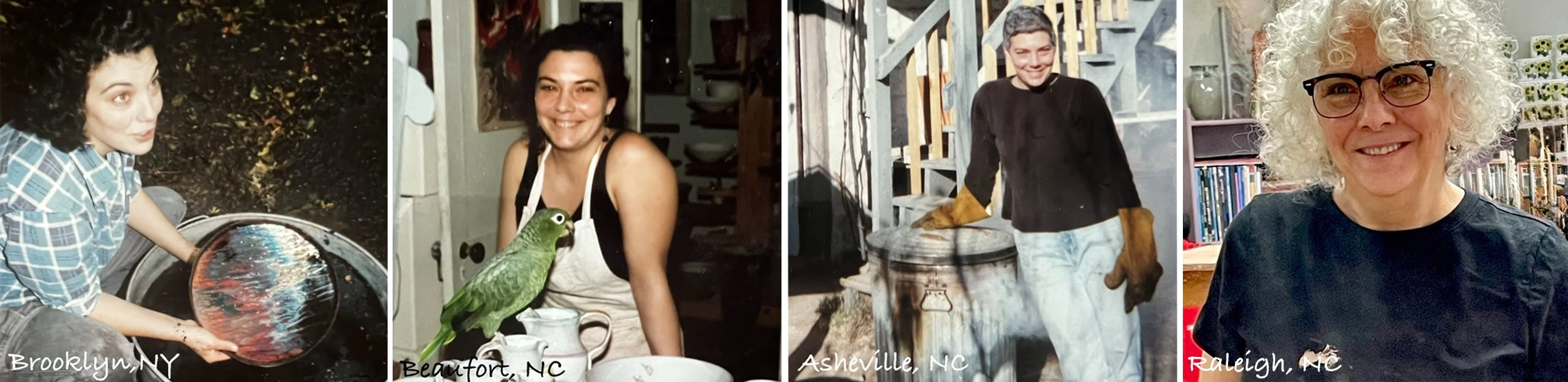 4 images of Marina Bosetti, Raku Firing in Brooklyn, NY, in her studio in Beaufort, NC, Raku firing in Asheville, NC, and in her Raleigh studio.